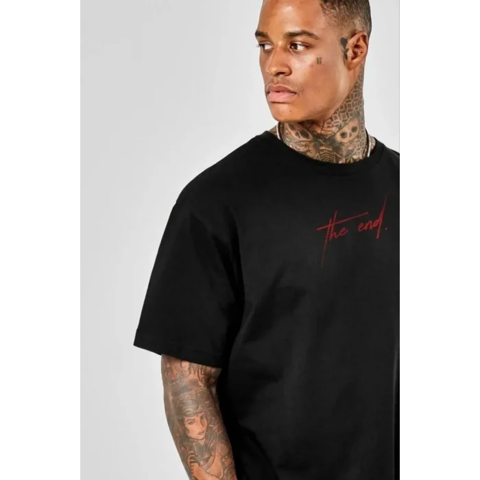 Erkek Baskılı T-Shirt Kısa Kol Bisiklet Yaka Regular Fit Rahat Kalıp Günlük Tişört - Siyah