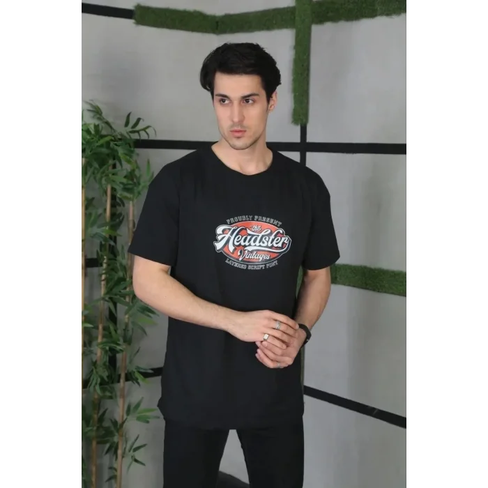 Erkek Baskılı T-Shirt Kısa Kol Bisiklet Yaka Regular Fit Rahat Kalıp Günlük Tişört - Siyah