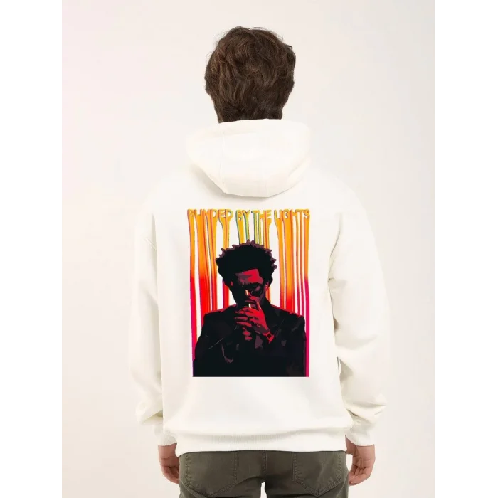 Erkek 3 İplik Pamuklu Kapüşonlu Baskılı Cepli Oversize Sweatshirt Hoodie - Beyaz