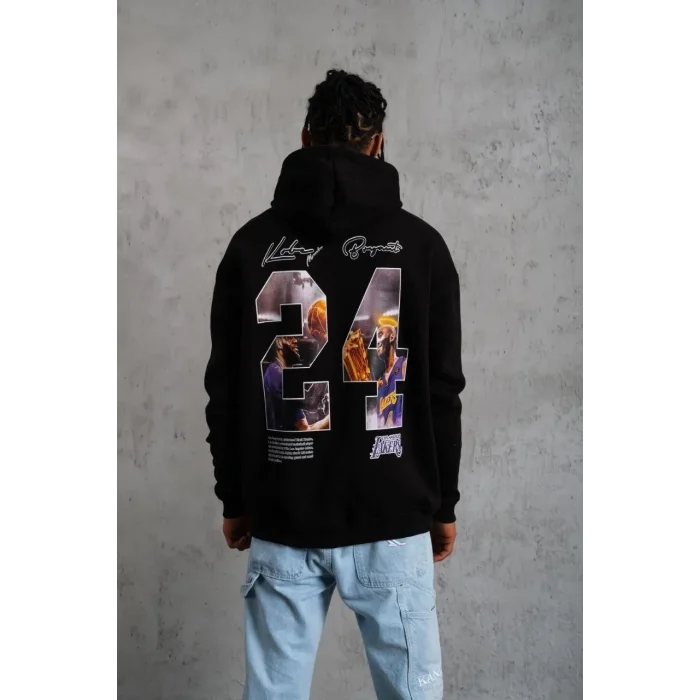 Erkek 3 İplik Pamuklu Kapüşonlu Baskılı Cepli Oversize Sweatshirt Hoodie - Siyah