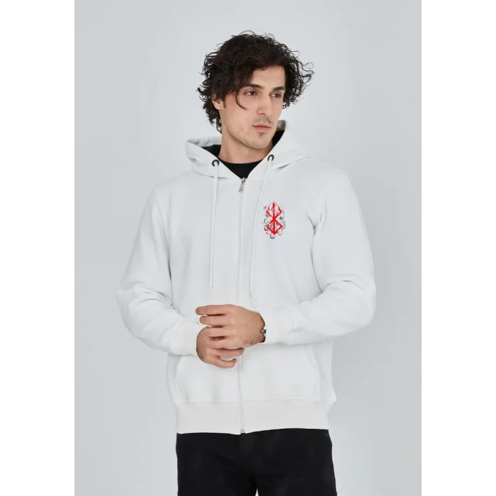 Erkek 3 İplik Pamuklu Kapüşonlu Tam Fermuarlı Cepli Hoodie Sweatshirt - Beyaz