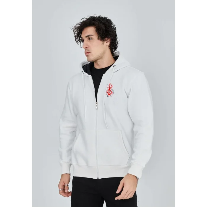 Erkek 3 İplik Pamuklu Kapüşonlu Tam Fermuarlı Cepli Hoodie Sweatshirt - Beyaz