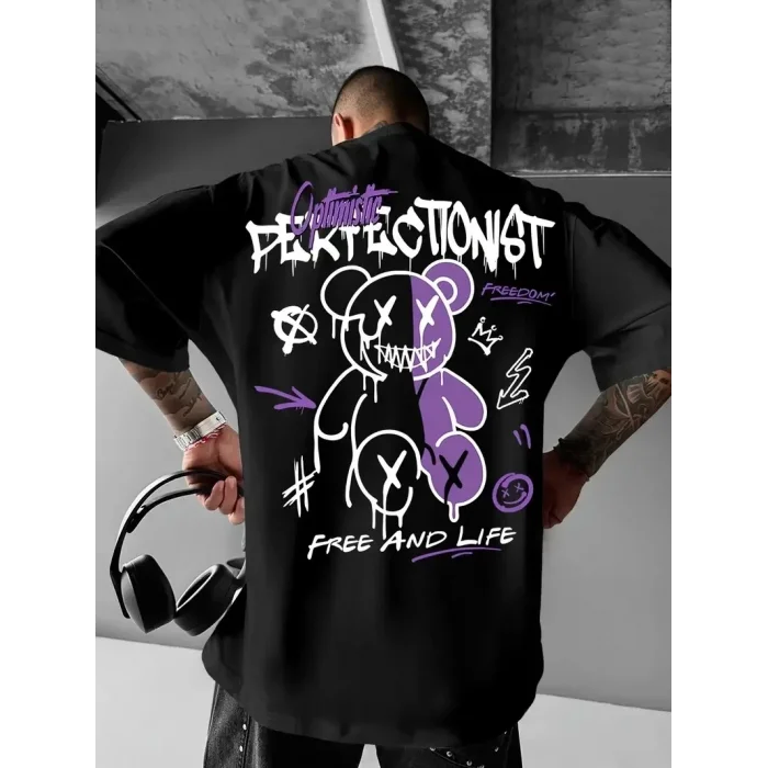 Erkek T-shirt Baskılı Bisiklet Yaka Kısa Kol Tişört - Siyah