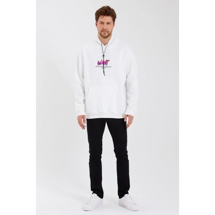 Erkek 3 İplik Pamuklu Kapüşonlu Baskılı Cepli Oversize Sweatshirt Hoodie - Beyaz