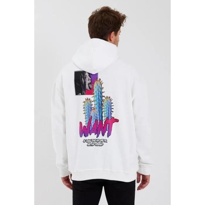 Erkek 3 İplik Pamuklu Kapüşonlu Baskılı Cepli Oversize Sweatshirt Hoodie - Beyaz