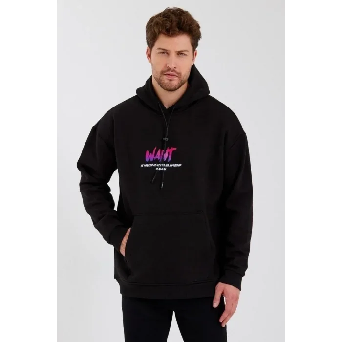 Erkek 3 İplik Pamuklu Kapüşonlu Baskılı Cepli Oversize Sweatshirt Hoodie - Siyah