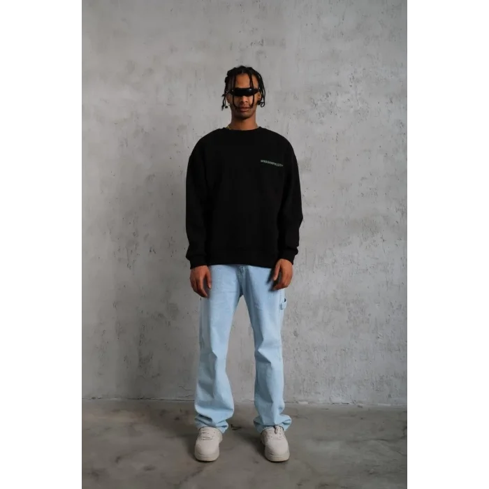 Erkek Bisiklet Yaka Baskılı 3 iplik pamuklu Sweatshirt - Siyah