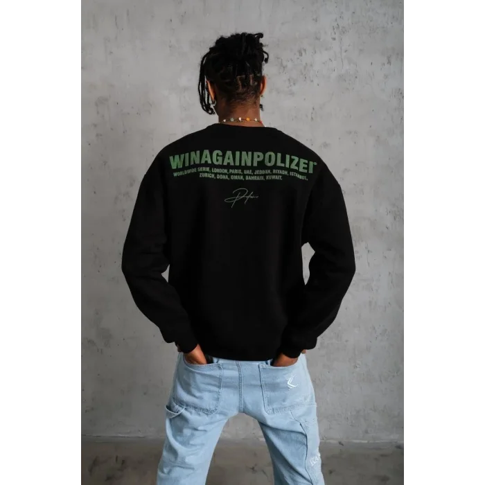 Erkek Bisiklet Yaka Baskılı 3 iplik pamuklu Sweatshirt - Siyah