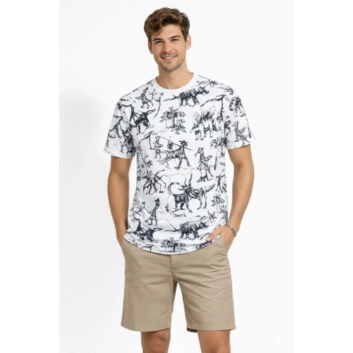 Erkek Beyaz Dinozor Desenli Tişört – Regular Fit, Bisiklet Yaka, Dijital Baskılı Pamuklu T-Shirt - Beyaz
