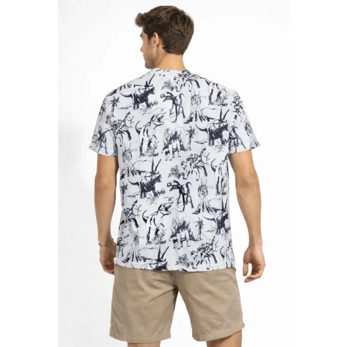 Erkek Beyaz Dinozor Desenli Tişört – Regular Fit, Bisiklet Yaka, Dijital Baskılı Pamuklu T-Shirt - Beyaz