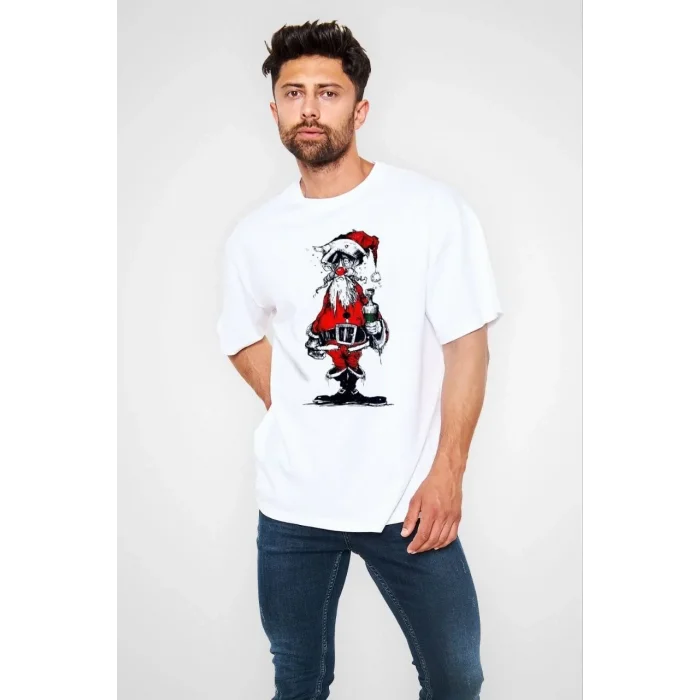 Erkek Kısa Kol Tişört Bisiklet Yaka Yeni Yıl Baskılı T-Shirt - Beyaz