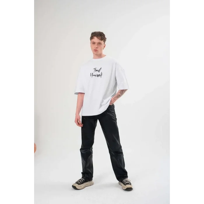 Erkek Kısa Kol Yazlık Tişört Bisiklet Yaka Baskılı Oversize T-Shirt -  Beyaz