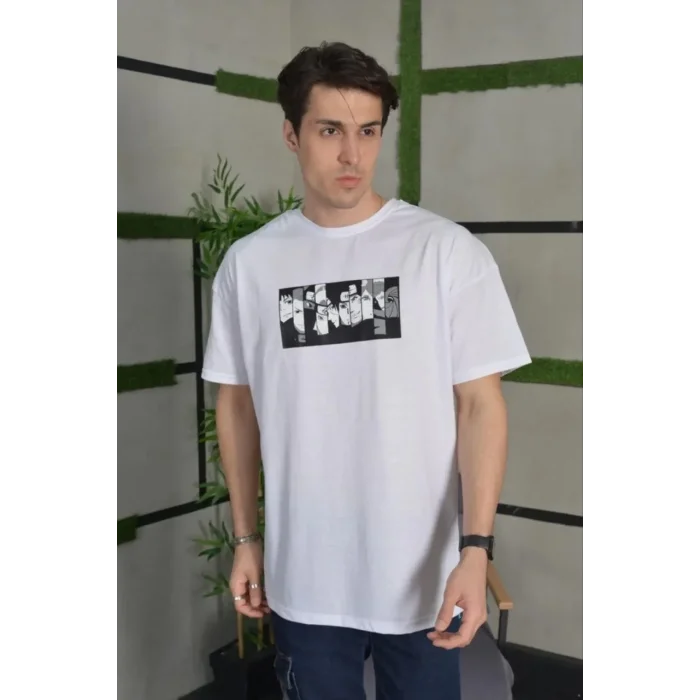 Erkek Kısa Kol Yazlık Tişört Bisiklet Yaka Baskılı Oversize T-Shirt - Beyaz
