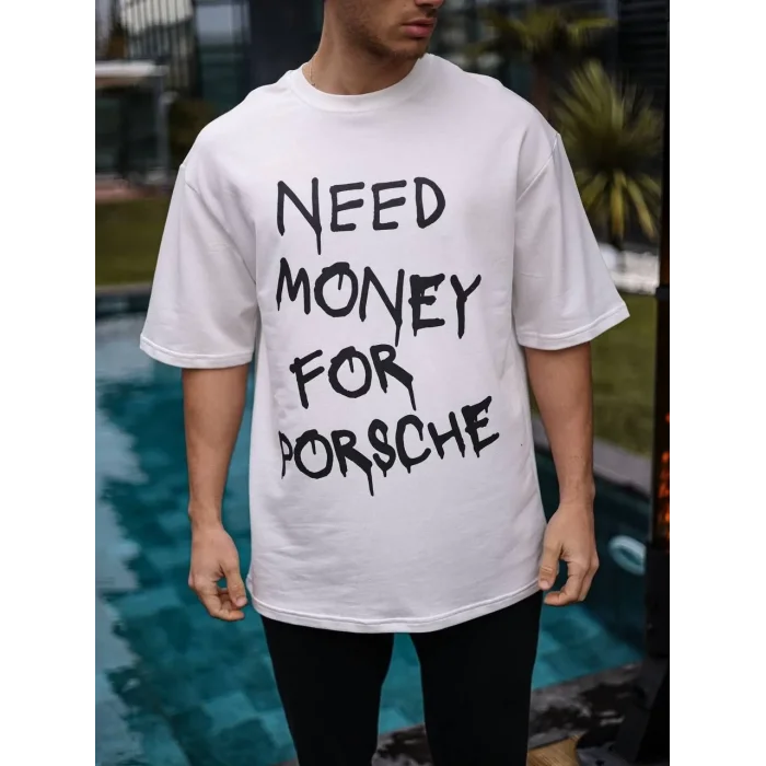 Erkek Kısa Kol Yazlık Tişört Bisiklet Yaka Baskılı Oversize T-Shirt - Beyaz