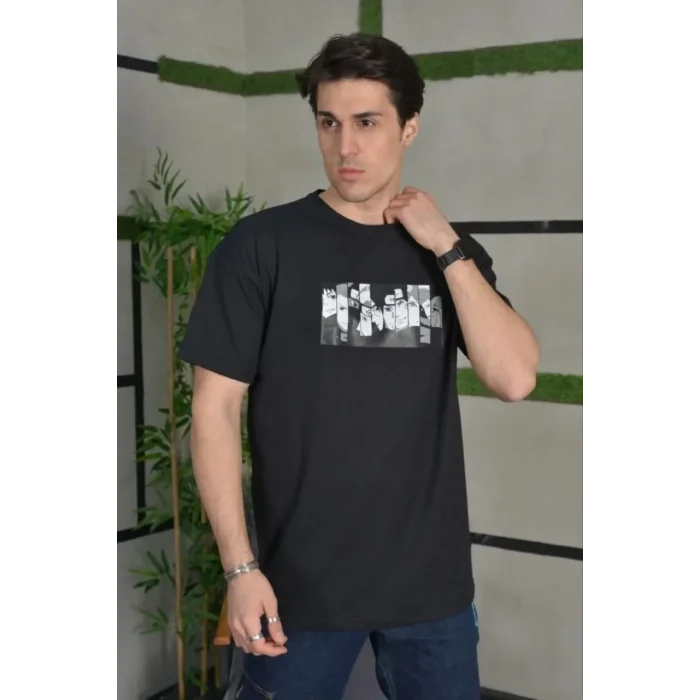 Erkek Kısa Kol Yazlık Tişört Bisiklet Yaka Baskılı Oversize T-Shirt - Siyah