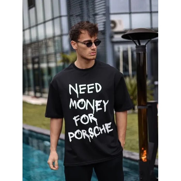 Erkek Tişört Bisiklet Yaka Baskılı Kısa kol Oversize T-Shirt - Siyah