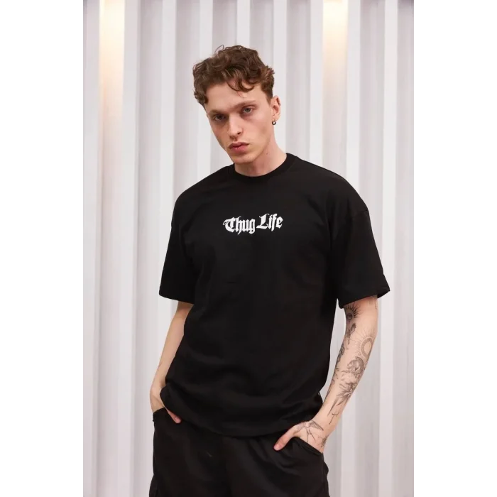 Erkek Bisiklet Yaka Baskılı  Kısa kol Oversize T-Shirt - Siyah