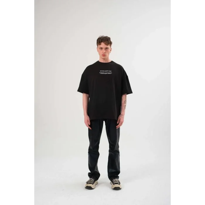 Erkek Kısa Kol Yazlık Tişört Bisiklet Yaka Baskılı Oversize T-Shirt - Siyah