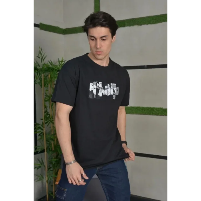 Erkek Kısa Kol Yazlık Tişört Bisiklet Yaka Baskılı Oversize T-Shirt - Siyah