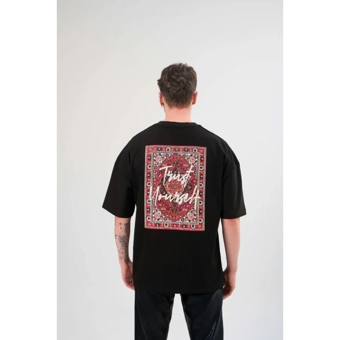 Erkek Kısa Kol Yazlık Tişört Bisiklet Yaka Baskılı Oversize T-Shirt - Siyah