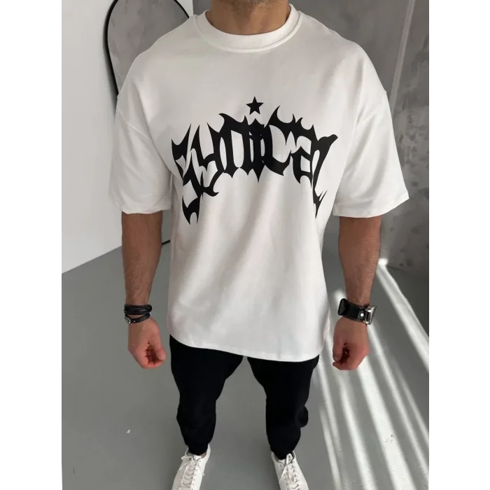 ERKEK Tişört Bisiklet Yaka Baskılı Kısa kol T-Shirt - Beyaz