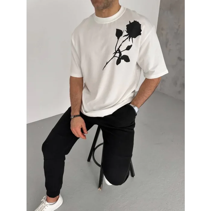 Erkek Kısa Kol Tişört Bisiklet Yaka GÜL Baskılı Oversize T-Shirt - Beyaz