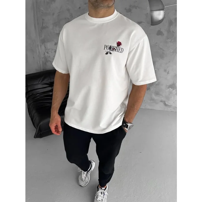 Erkek Kısa Kol Yazlık Tişört Bisiklet Yaka Baskılı Oversize T-Shirt - Beyaz