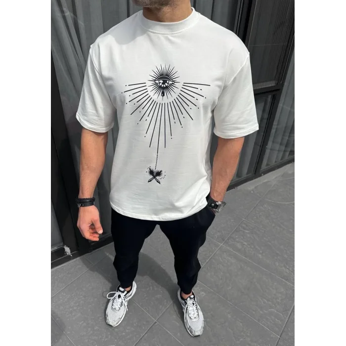 Erkek Kısa Kol Tişört Bisiklet Yaka GÜL Baskılı Oversize T-Shirt - Beyaz
