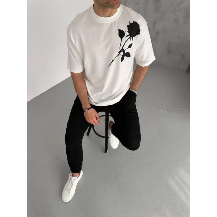Erkek Kısa Kol Tişört Bisiklet Yaka GÜL Baskılı Oversize T-Shirt - Beyaz