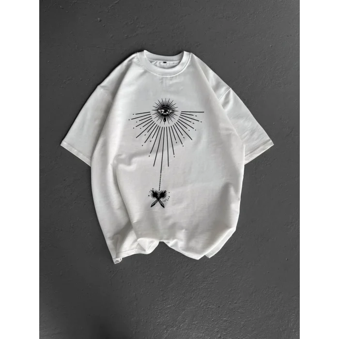 Erkek Kısa Kol Tişört Bisiklet Yaka GÜL Baskılı Oversize T-Shirt - Beyaz
