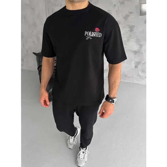 Erkek Kısa Kol Yazlık Tişört Bisiklet Yaka Baskılı Oversize T-Shirt - Siyah