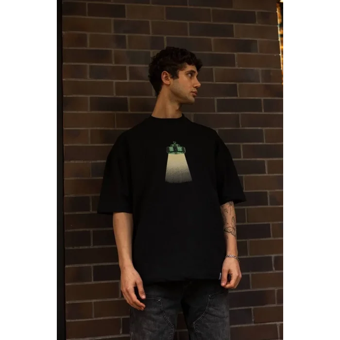 Erkek Kısa Kol Yazlık Tişört Bisiklet Yaka Baskılı Oversize T-Shirt - Siyah