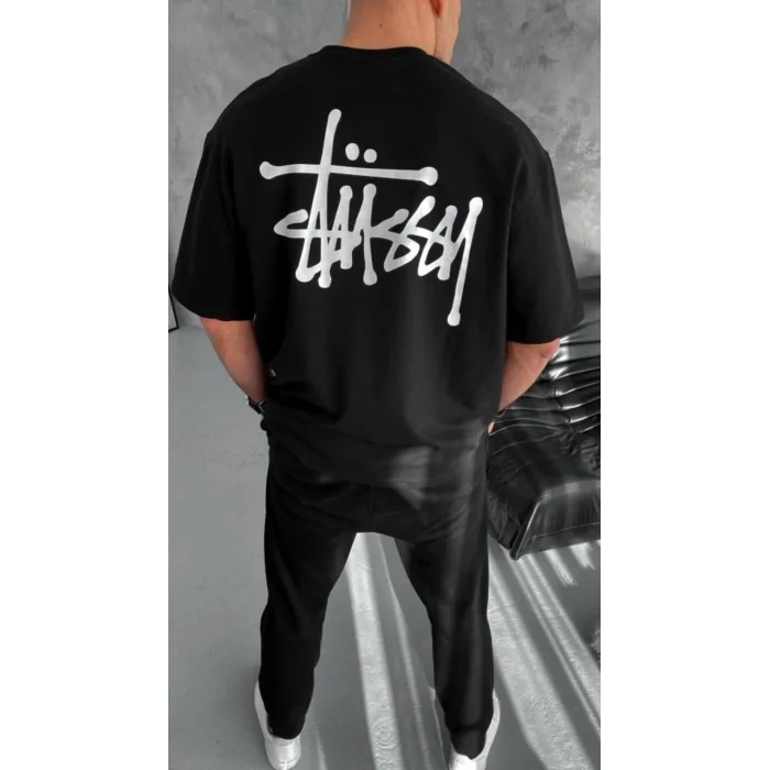 Erkek Kısa Kol Yazlık Tişört Bisiklet Yaka Baskılı Oversize T-Shirt - Siyah