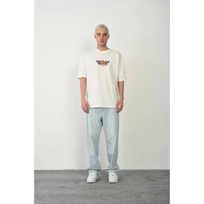 Erkek Kısa Kol Yazlık Tişört Bisiklet Yaka Baskılı Oversize T-Shirt - Beyaz