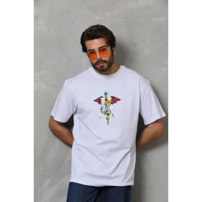 Erkek Baskılı T-Shirt Kısa Kol Bisiklet Yaka Regular Fit Rahat Kalıp Tişört -  Beyaz