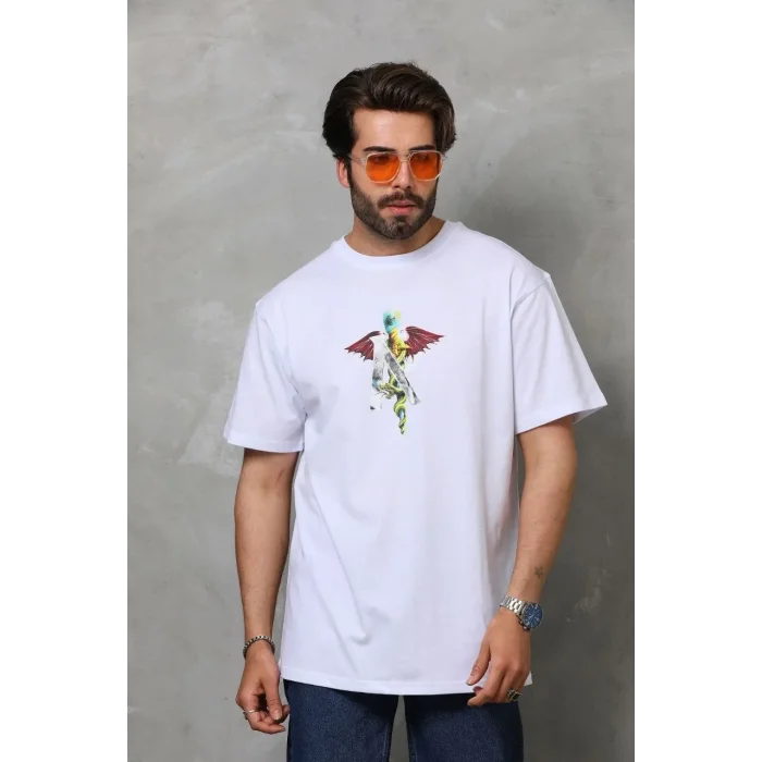 Erkek Baskılı T-Shirt Kısa Kol Bisiklet Yaka Regular Fit Rahat Kalıp Tişört -  Beyaz