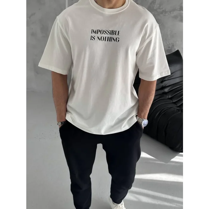 Erkek Bisiklet Yaka Baskılı Oversize  Kısa kol T-Shirt - Beyaz