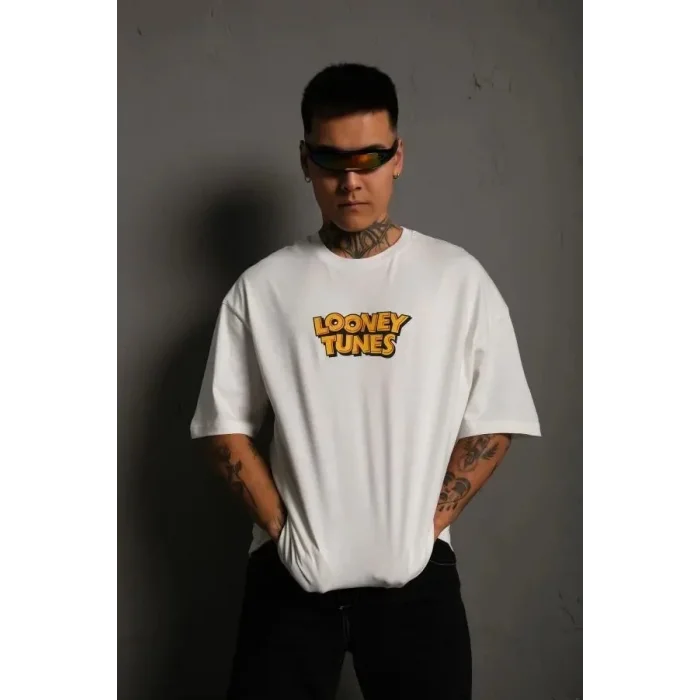 Erkek Bisiklet Yaka Baskılı Oversize Kısa kol T-Shirt - Beyaz