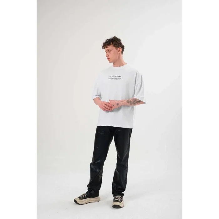 Erkek Kısa Kol Yazlık Tişört Bisiklet Yaka Baskılı Oversize T-Shirt - Beyaz