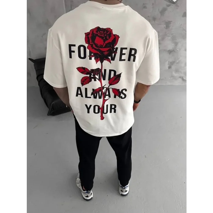 Erkek Kısa Kol Tişört Bisiklet Yaka GÜL Baskılı Oversize T-Shirt - Beyaz