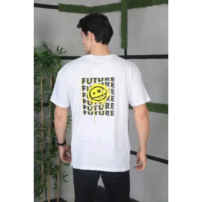 Erkek Kısa Kol Yazlık Tişört Bisiklet Yaka Baskılı Oversize T-Shirt - Beyaz