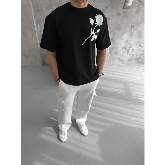 Erkek Kısa Kol Tişört Bisiklet Yaka GÜL Baskılı Oversize T-Shirt - Siyah