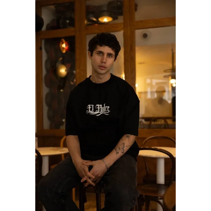 Erkek Tişört Bisiklet Yaka Baskılı Oversize Kısa kol T-Shirt - Siyah