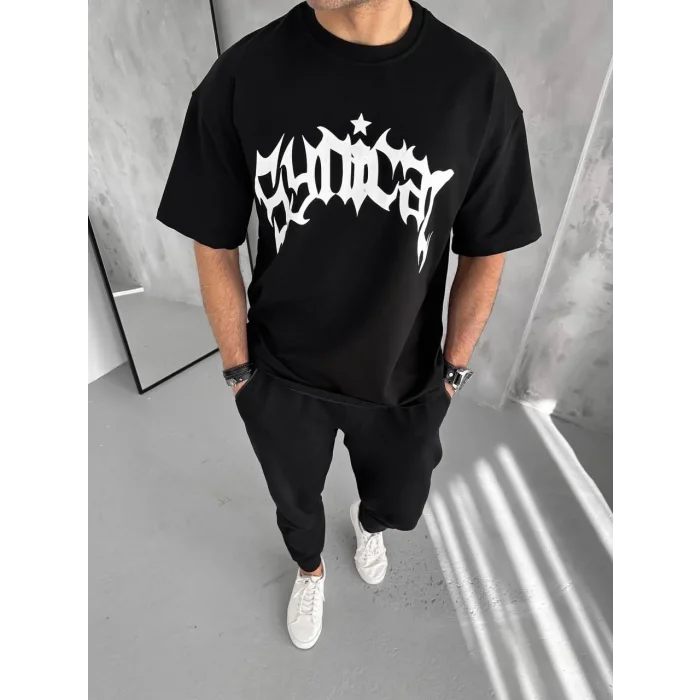 Erkek Tişört Bisiklet Yaka Baskılı Oversize Kısa kol T-Shirt - Siyah