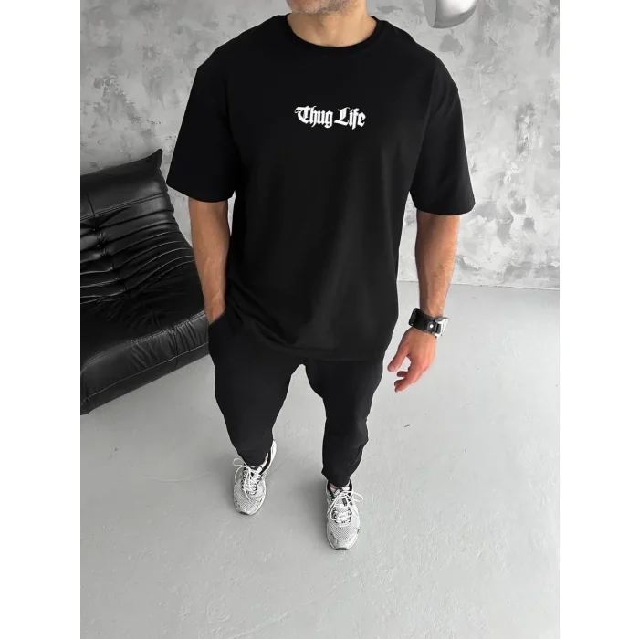Erkek Kısa Kol Yazlık Tişört Bisiklet Yaka Baskılı Oversize T-Shirt - Siyah