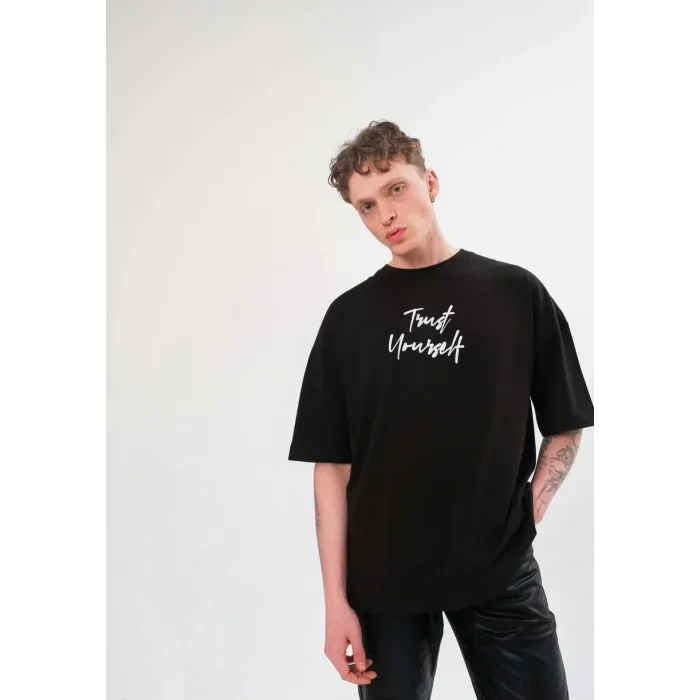 Erkek Kısa Kol Yazlık Tişört Bisiklet Yaka Baskılı Oversize T-Shirt -  Siyah