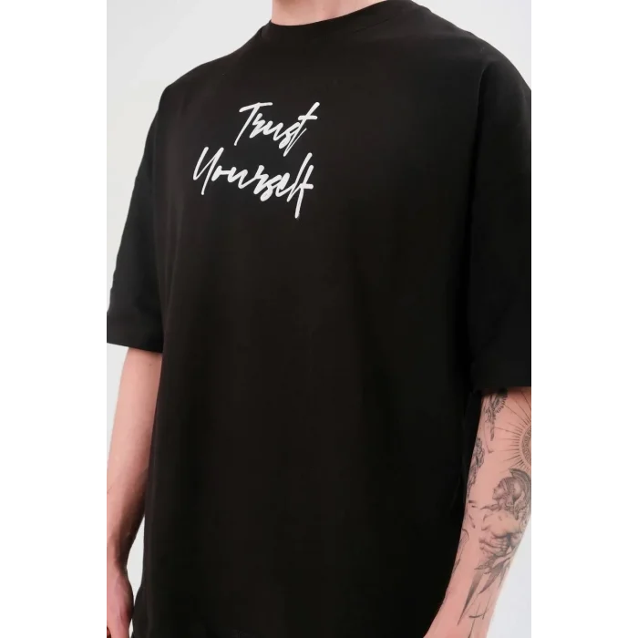 Erkek Kısa Kol Yazlık Tişört Bisiklet Yaka Baskılı Oversize T-Shirt -  Siyah