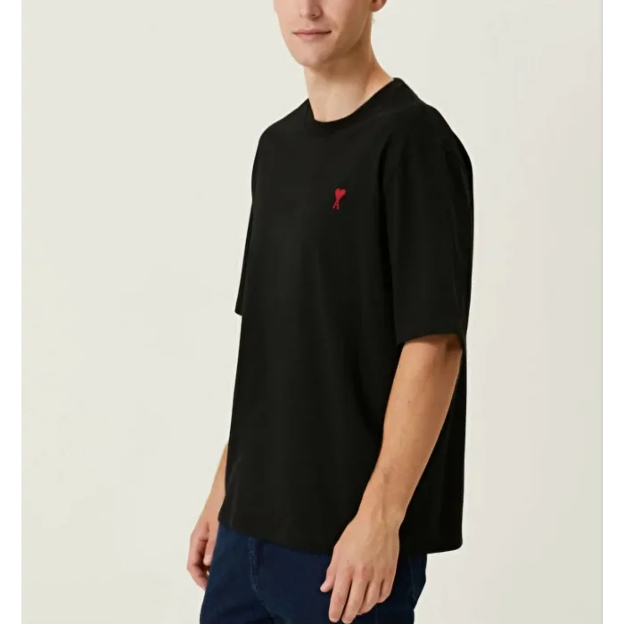 Erkek Kısa Kol Tişört Bisiklet Yaka KALP Baskılı Oversize T-Shirt - Siyah