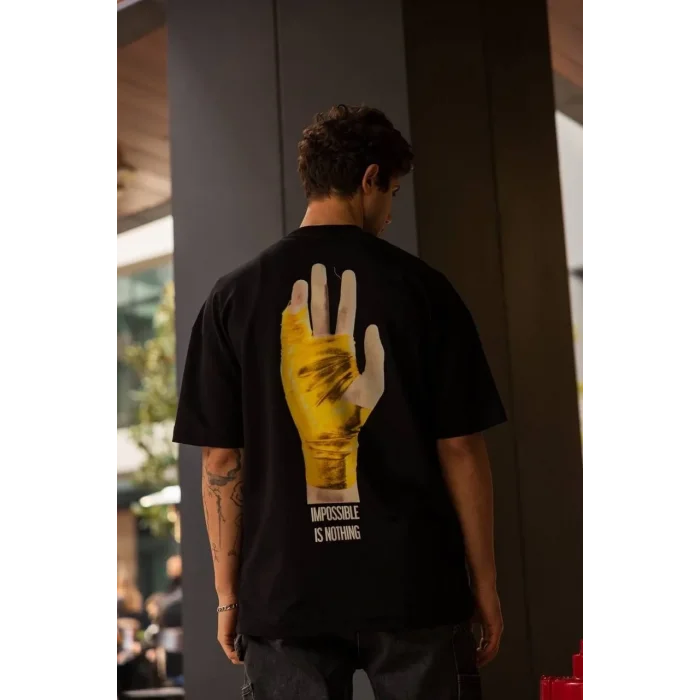 Erkek Kısa Kol Yazlık Tişört Bisiklet Yaka Baskılı Oversize T-Shirt - Siyah