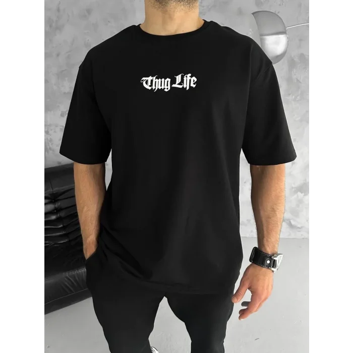 Erkek Kısa Kol Yazlık Tişört Bisiklet Yaka Baskılı Oversize T-Shirt - Siyah
